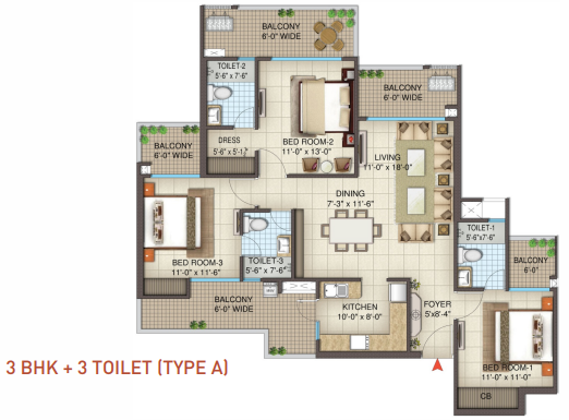 3 BHK Layout Plan 2050 Sq. Ft. - Part 1