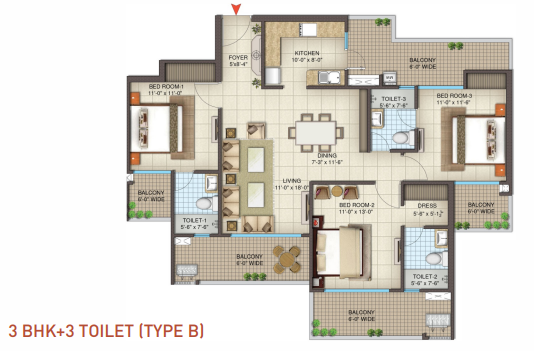 3 BHK Layout Plan 2050 Sq. Ft. - Part 2